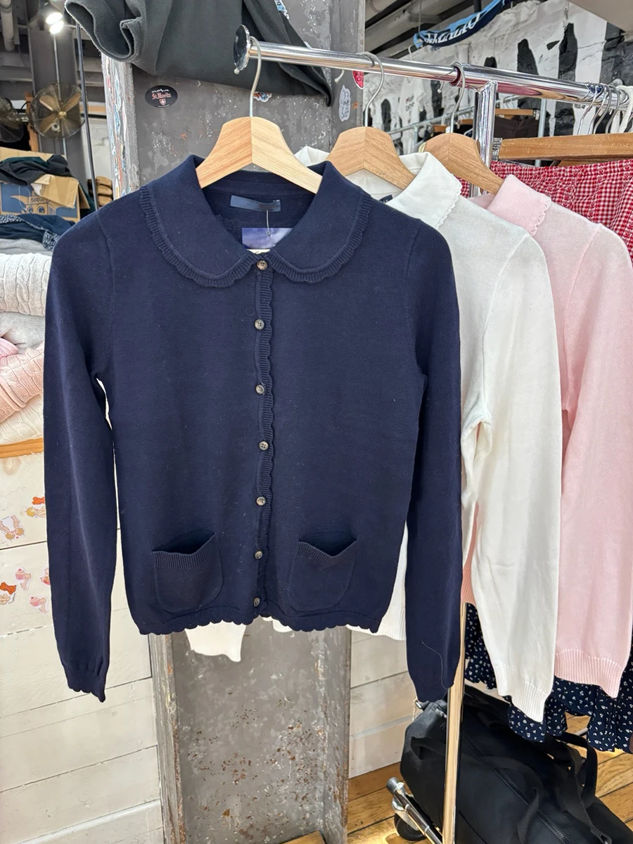 

Темно-синий вязаный кардиган с длинными рукавами и карманами, женский тонкий свитер с воротником Питера Пэна на пуговицах, винтажный милый трикотаж в консервативном стиле, топы