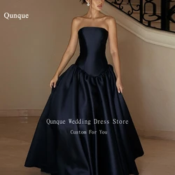 Qunque Customized Navy Blue Evening Dresses Arabic Women Strapless Satin Floor Length Prom Gowns Formal Party Occasion Dresses