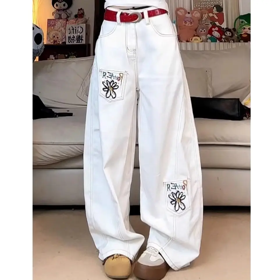 

Retro American Vibe Street Sle Embroidered White Flower Loose Straight Leg Wide Leg Jeans for Men And Women Trendy Long Pants