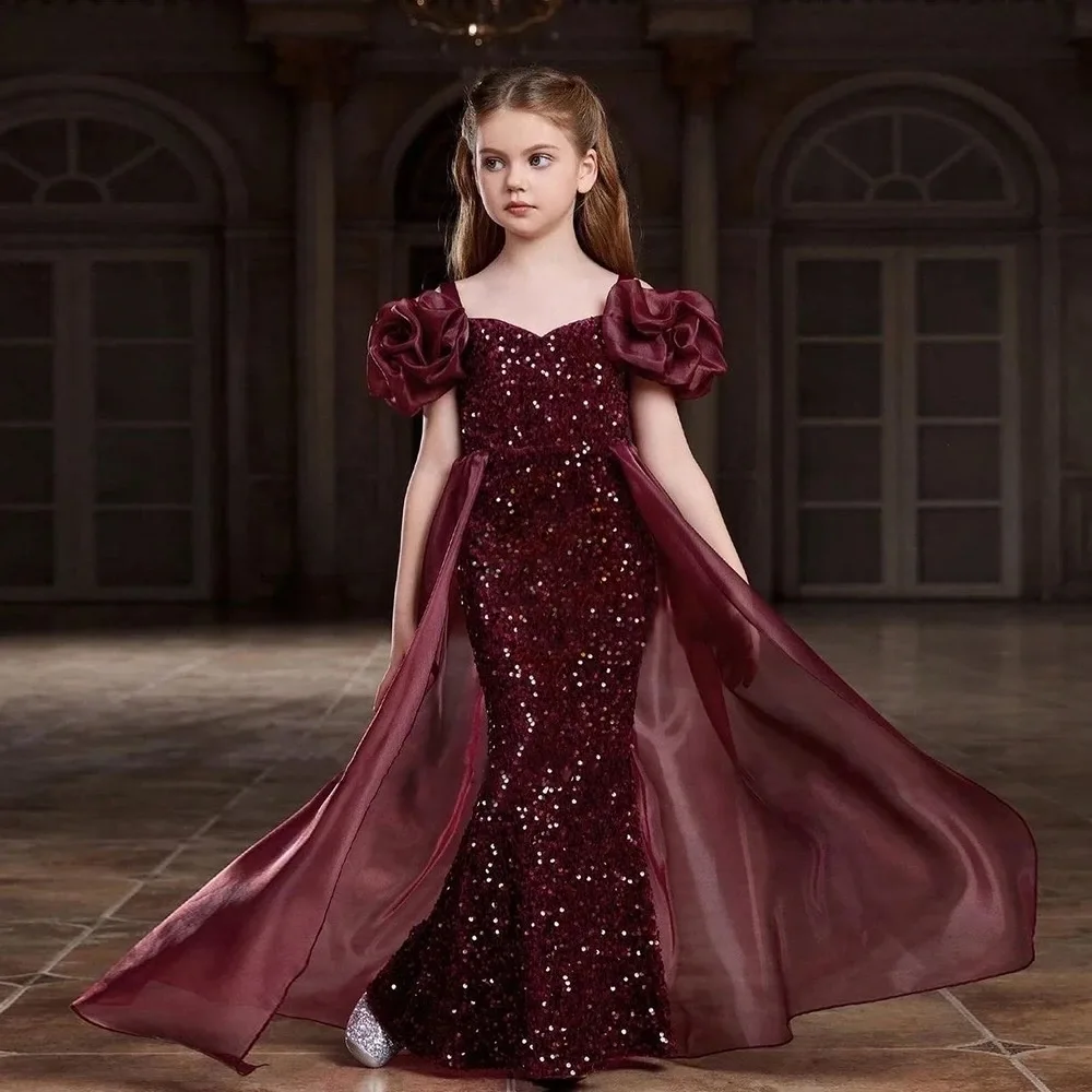 

Flower Girl Wedding Dresses New Wine Red Girl Princess Dress Long Fishtail Gowns Sequin Birthday Gown Beauty Pageant Customized