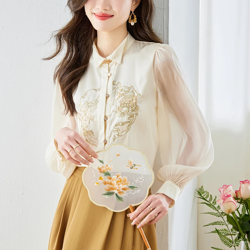 QOERLIN Chinese Style Improved Hanfu Elegant Embroidered Floral Tops Shirts Luxury OL Button Up Loose Casual Long Sleeve Blouse