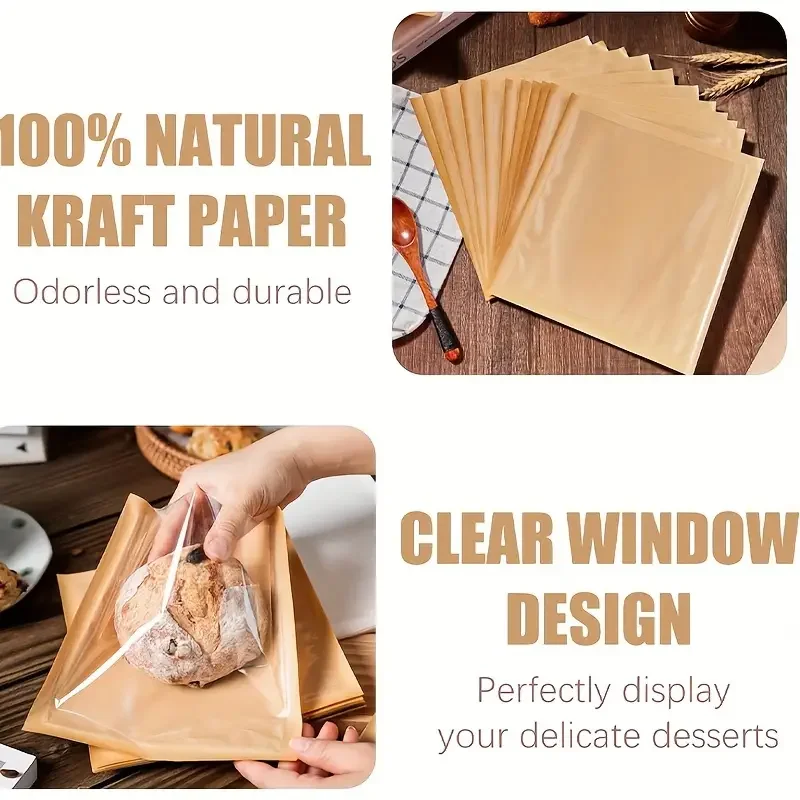 100-Piece Kraft Brown Toast Bags With Clear Window - Waterproof, Oil-Proof, Self-Sealing Bakery Bags For Bread & Pastries