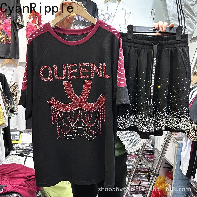 

Luxury Hot Diamonds Women Two-piece Set Spring Summer Loose Short Sleeve T-shirt Top + Elastic Waist Casual Wide Leg Short Pants