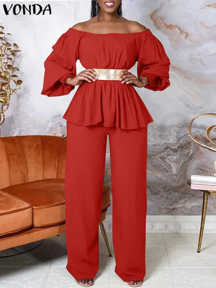 Plus Size VONDA 2024 Summer Women Elegant Off Shoulder Pant Sets Lantern Sleeve Tunic Tops and Wide Leg Pants Casual Suits Sets