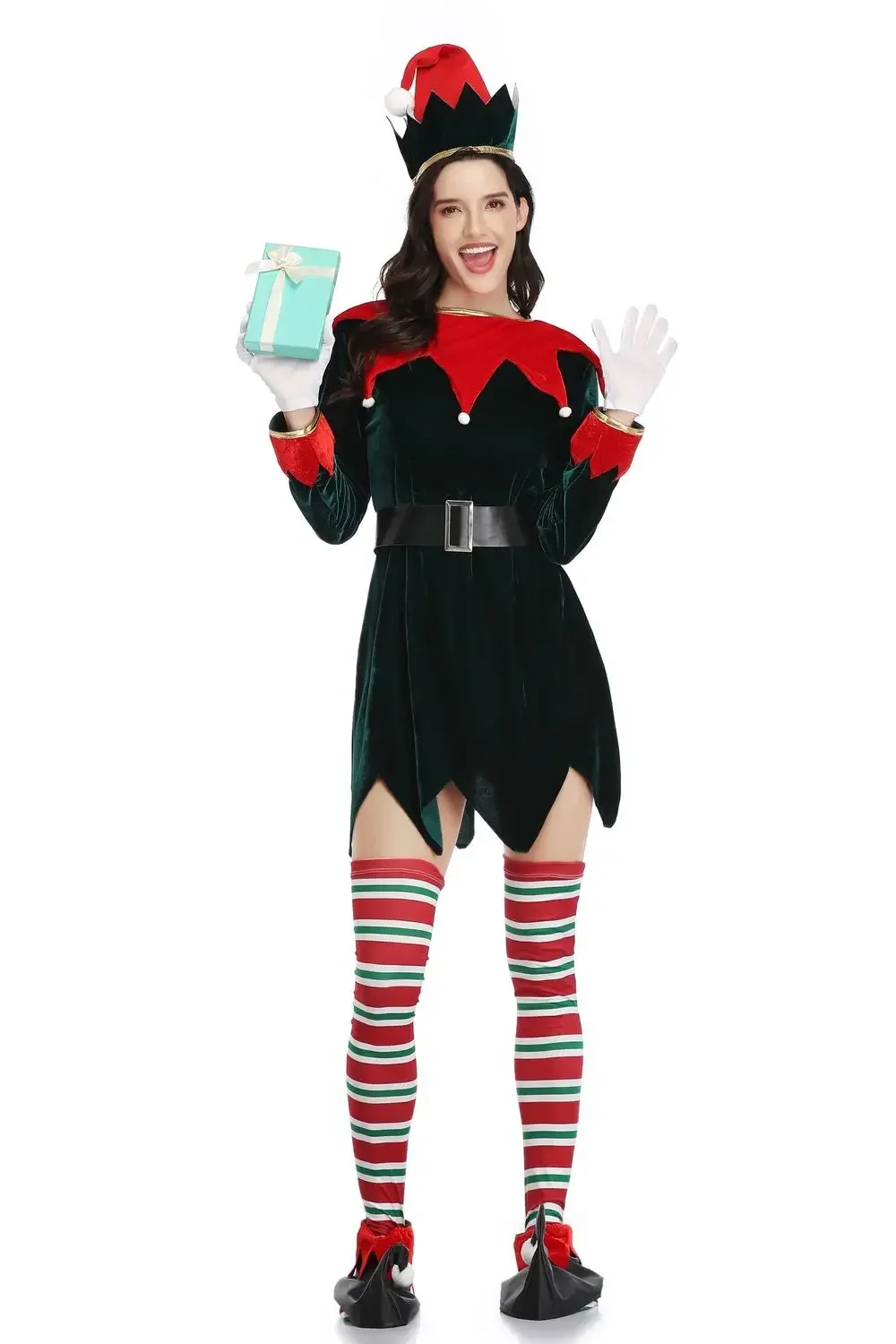 Adults Christmas Green Elf Costume Xmas Party Santa Helper Elf Cosplay Costume Female Fancy Dress