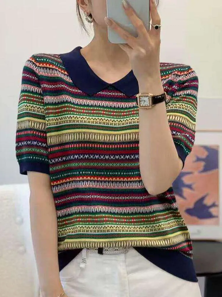 

Summer Fashion Small Collar Short Sleeve T-Shirt Women's Lyocell Silk Stripe Knitted Loose Top Thin Soft Knitwear