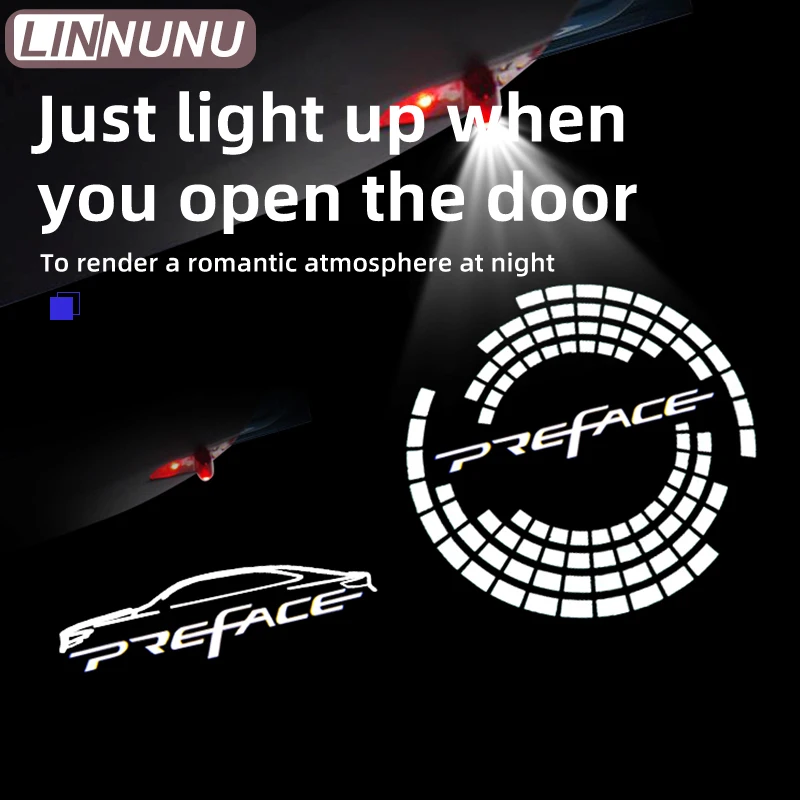 LINNUNU 2pcs Led Car Door Welcome Lights fit for Geely Preface Opening Light Illuminating Ground Warning Projector logo Lamp