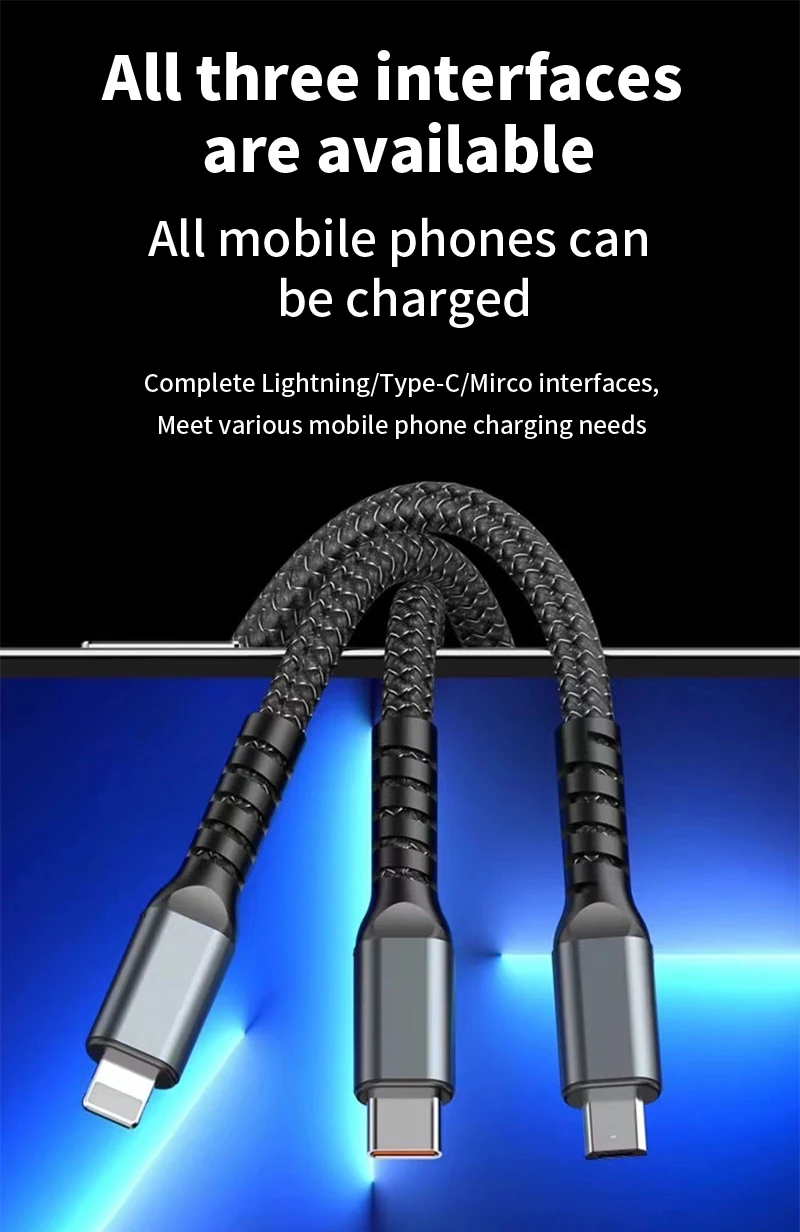 4PCS 3-IN-1 100W Nylon Woven Fast Charging Cable With Type-C, Micro USB, IP Port Compatible With Multiple Devices Multi Port Multiple Charging Wire