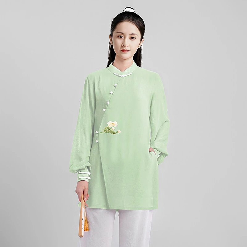 Women's Premium Summer Tai Chi Uniform - Green Silk Linen Martial Arts Outfit with Embroidered Cross Collar & Contrast Trim (Uni