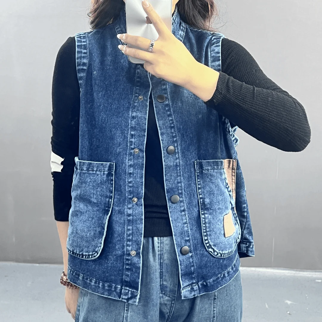 Vintage Denim vest women 2024 spring and autumn new paste cloth casual sleeveless coat jacket Female loose jeans Waistcoat T453