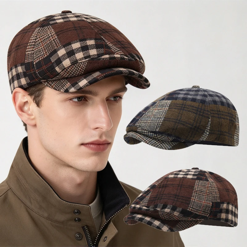 Unisex Color Grid Beret Men Vintage Fashion Newsboy Hat Warm Flat Cap Adjustable Octagonal Beret Pairing with Coats Trench Coats