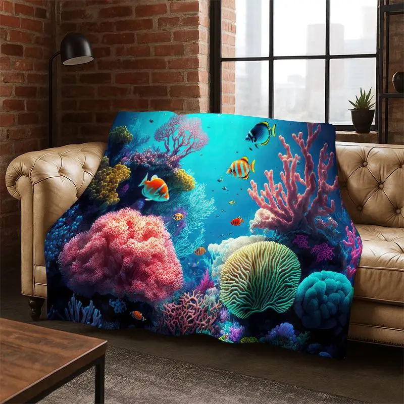 Underwater Sea World Marine Life Cartoon  Flannel Blanket Soft Throw Blanket for Bedroom Living Room Bed Travel Camping Picnic