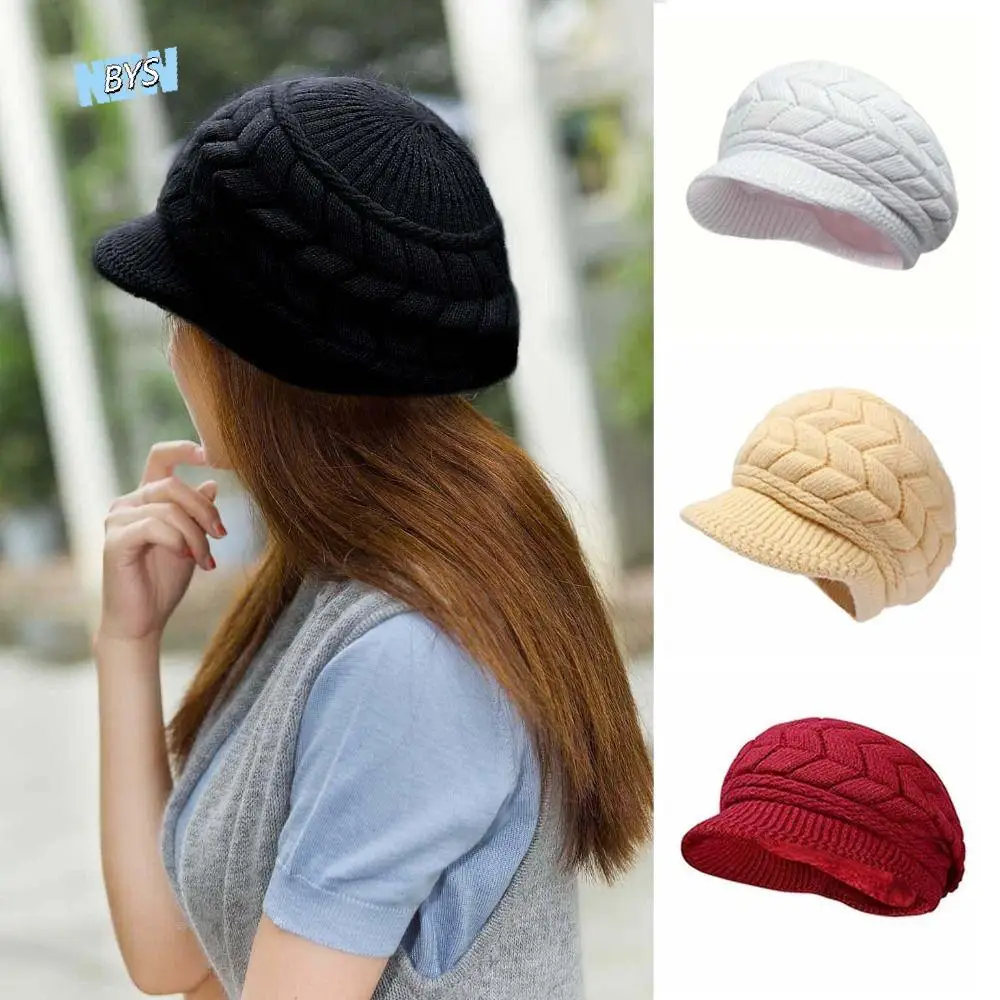 

Thicken Warm Striper Knitted Cap Winter Brim Caps Women Beret Cap Casual Ear Protection Thicken Knit Hat Autumn Winter