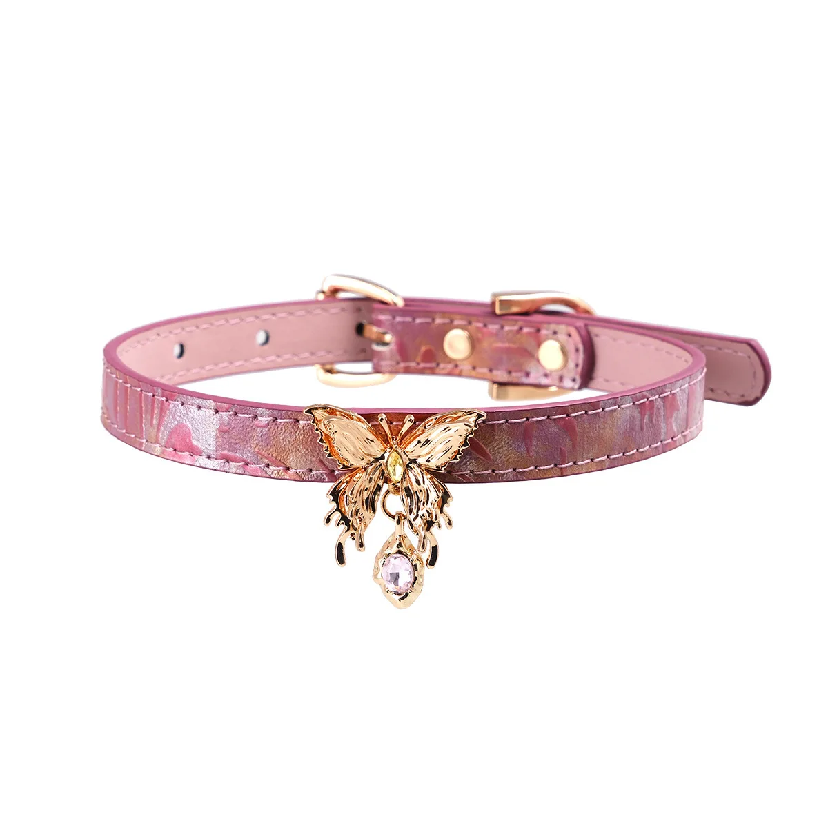 

Luxury Pink Marble Texture PU Leather Choker Necklace, Gold Butterfly & Crystal Charm, Elegant Gothic Accessory for Women