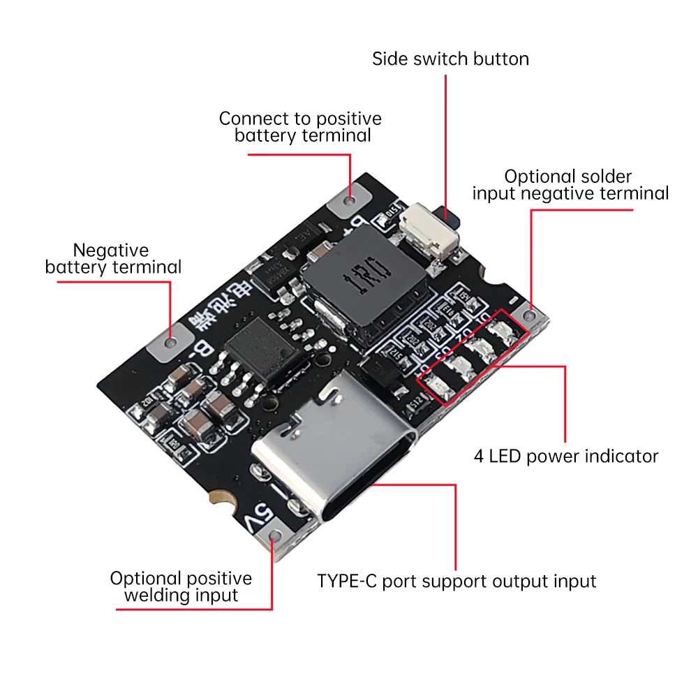 Type-c USB 5V 3A Integrated Charge And Discharge Module 3.7V 4.2V Power Board Charge Discharge Protection Lithium Battery Boost