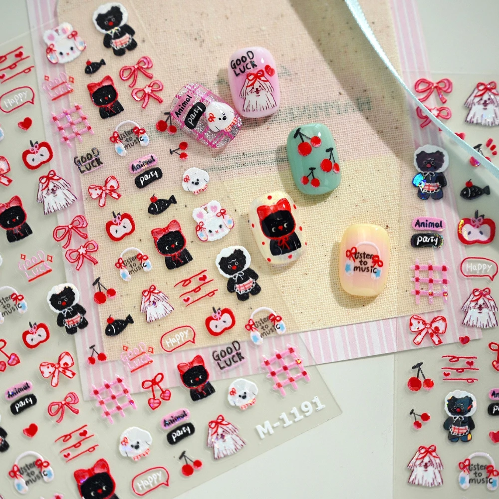 جميل لامعة أرنب الكلب القط Bowknot الكرز أبل الحب ثلاثية الأبعاد ذاتية اللصق مسمار الفن ملصقات لطيف الكرتون الكتابة على الجدران مانيكير الشارات