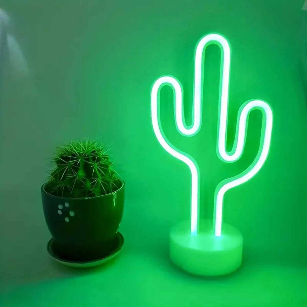 1pc Green LED Cactus Neon Light With Base Decorative Bedroom Light Desktop Night Lamp Suitable For Wedding Birthday Party Decor