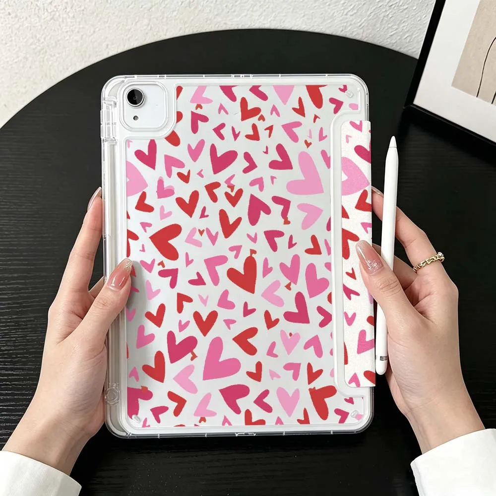Cartoon Red Pink Hearts Case For iPad Mini Pro Air 5 6 7 8 9 10th 11th 11 9.7 10.9 13 inch Transparent Y-Shaped Folding Tablet