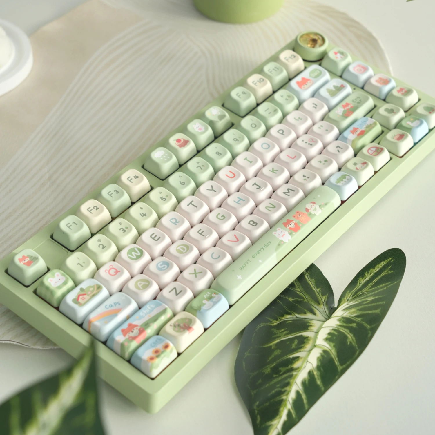 Imagem -02 - Cute Animal Keycaps para Teclado Mecânico Happy Paradise Cereja Perfil fg Pbt Sublimação Térmica Verde 136 Chaves