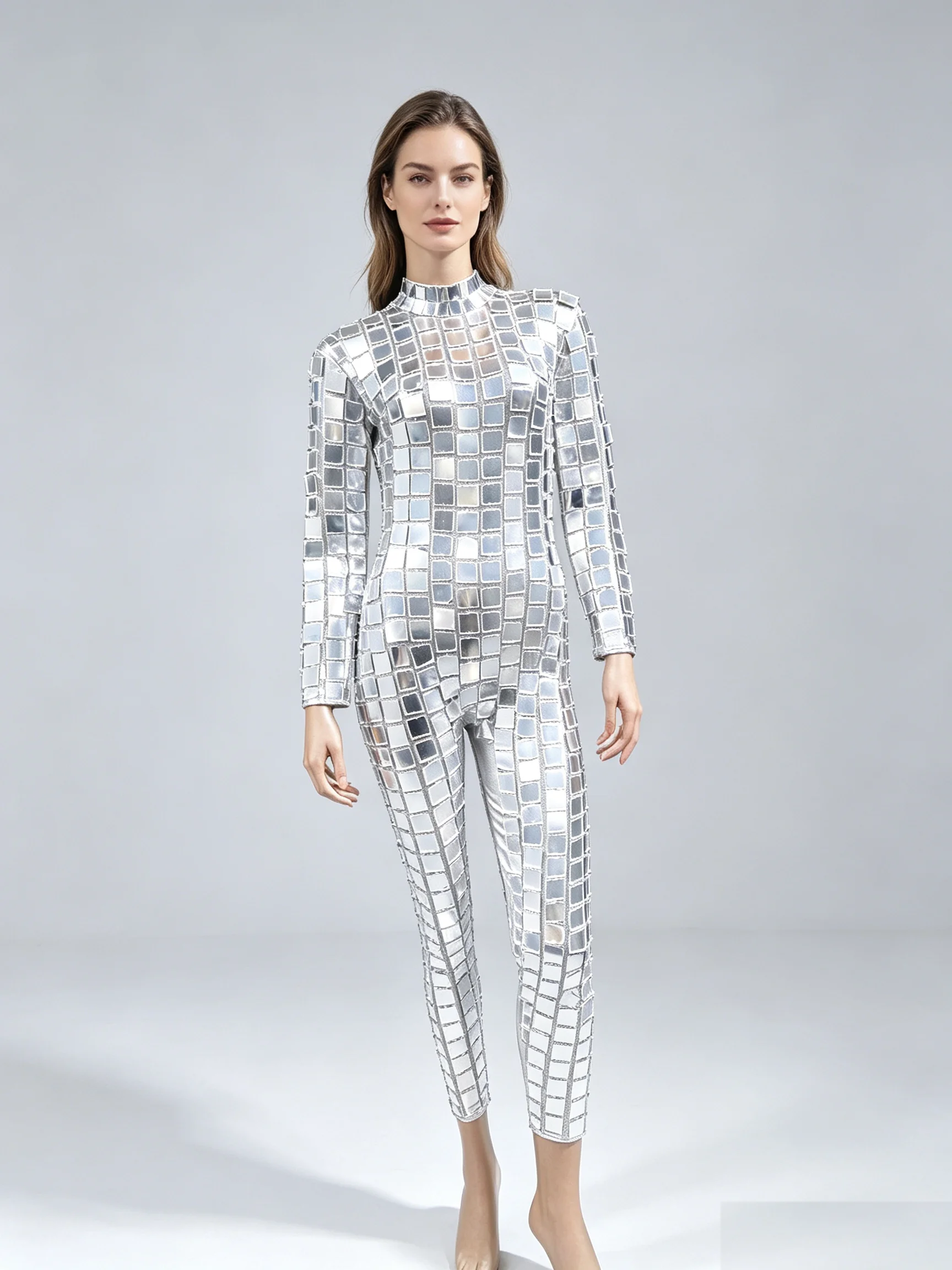 Hand Sewn Luxury Golden Silver Mirror Disc Bodysuit Set, Long Sleeves Long Pants Jumpsuit，Sci-Fi Metallic Robot Costume