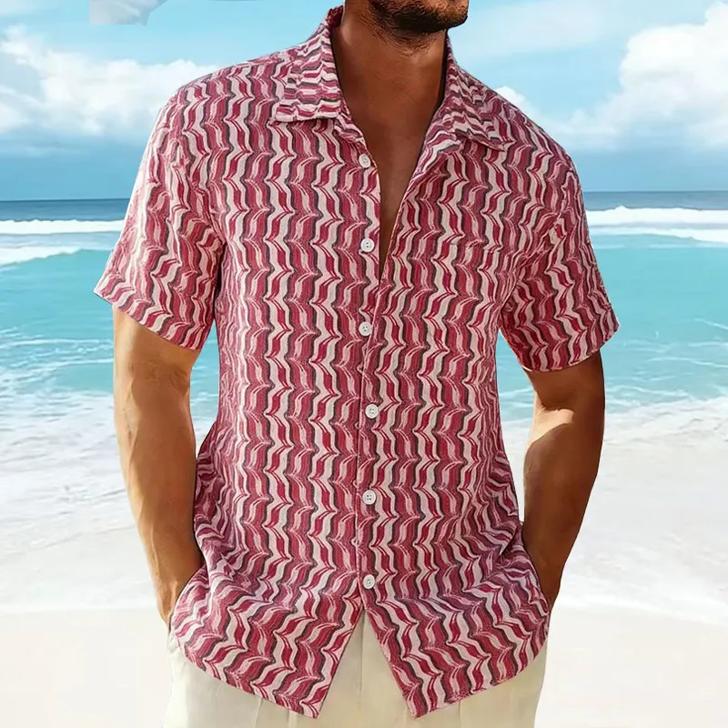 European Size Men's Summer 2026 Beach Knitted Short Sleeve Shirt Fish Scale Stripes Print Polyester Spandex Standard Fit Casual