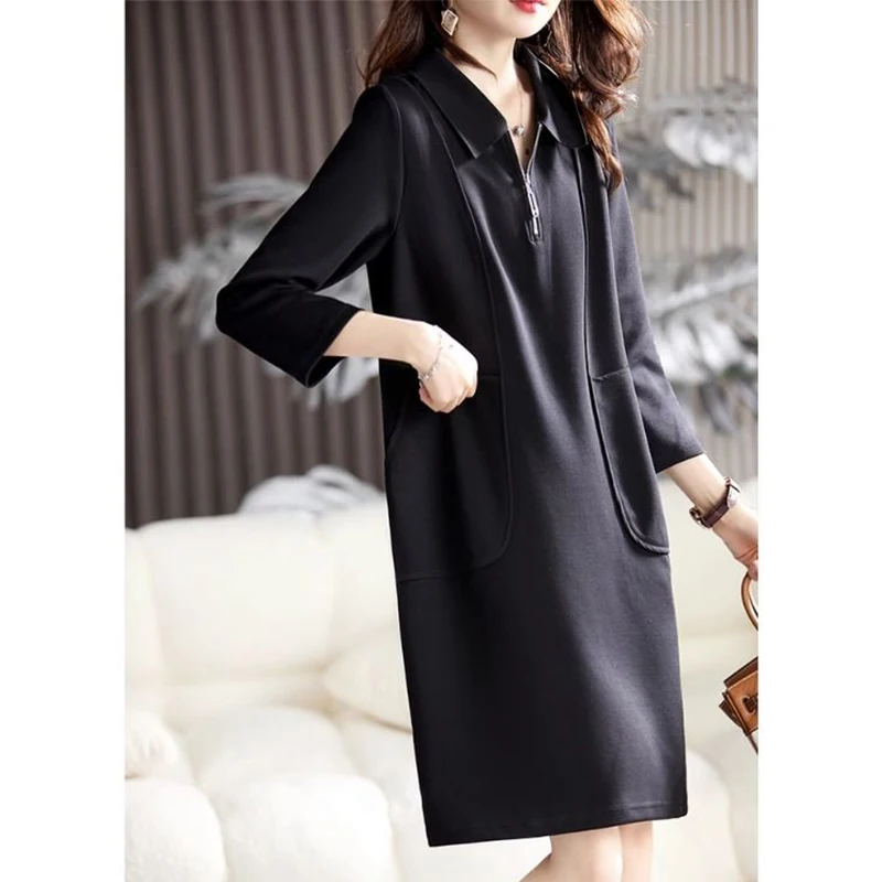 Spring Summer Polo-neck Loose Casual Zipper Robe Ladies Black Nine Quarter Sleeves Vestidos Women Elegant Fashion Dress Femme