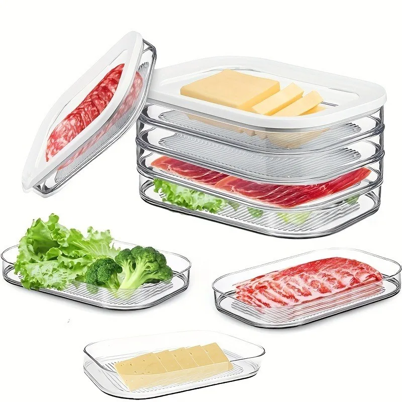 Four-Piece Stackable Food Storage Boxes, Refrigerator Organizer, Meat Preservation Box, Leak-Proof Design, Reusable for Fridge