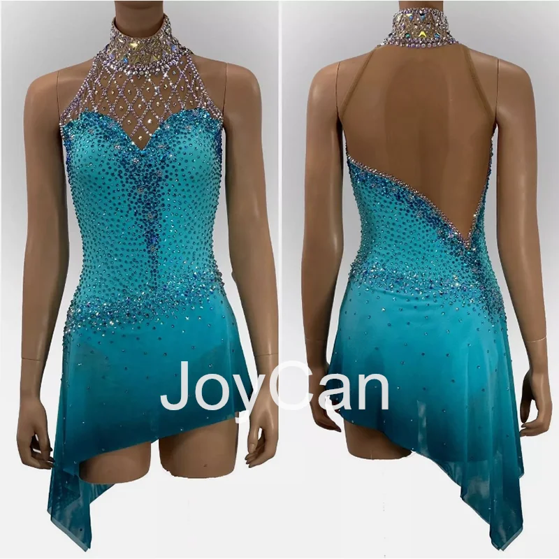 

JoyCan Ice Figure Skating Dress Girls Blue Spandex Stretchy Mesh Competition Dance Wear Customized