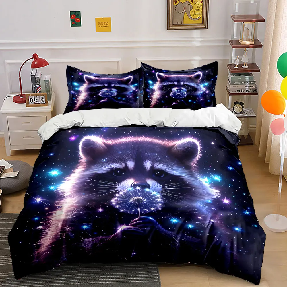 Raccoon holding dandelion under stars Printed Duvet Cover Set1 Duvet Cover+2 PillowcaseMulti Size Bedroom Bedding Decoration