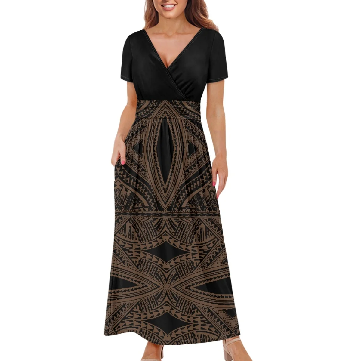 Summer Women Maxi Dress Wrap V Neck Short Sleeve Pleated Waist Casual Polynesian Tribal Print Elegant Long Dress with Pockets