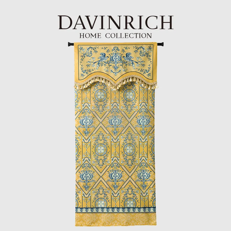 DAVINRICH European Noble Velvet Curtains With Tassel Vintage Damask Flower Decorative Drapes Tapestry Wall Hangings Retro Yellow