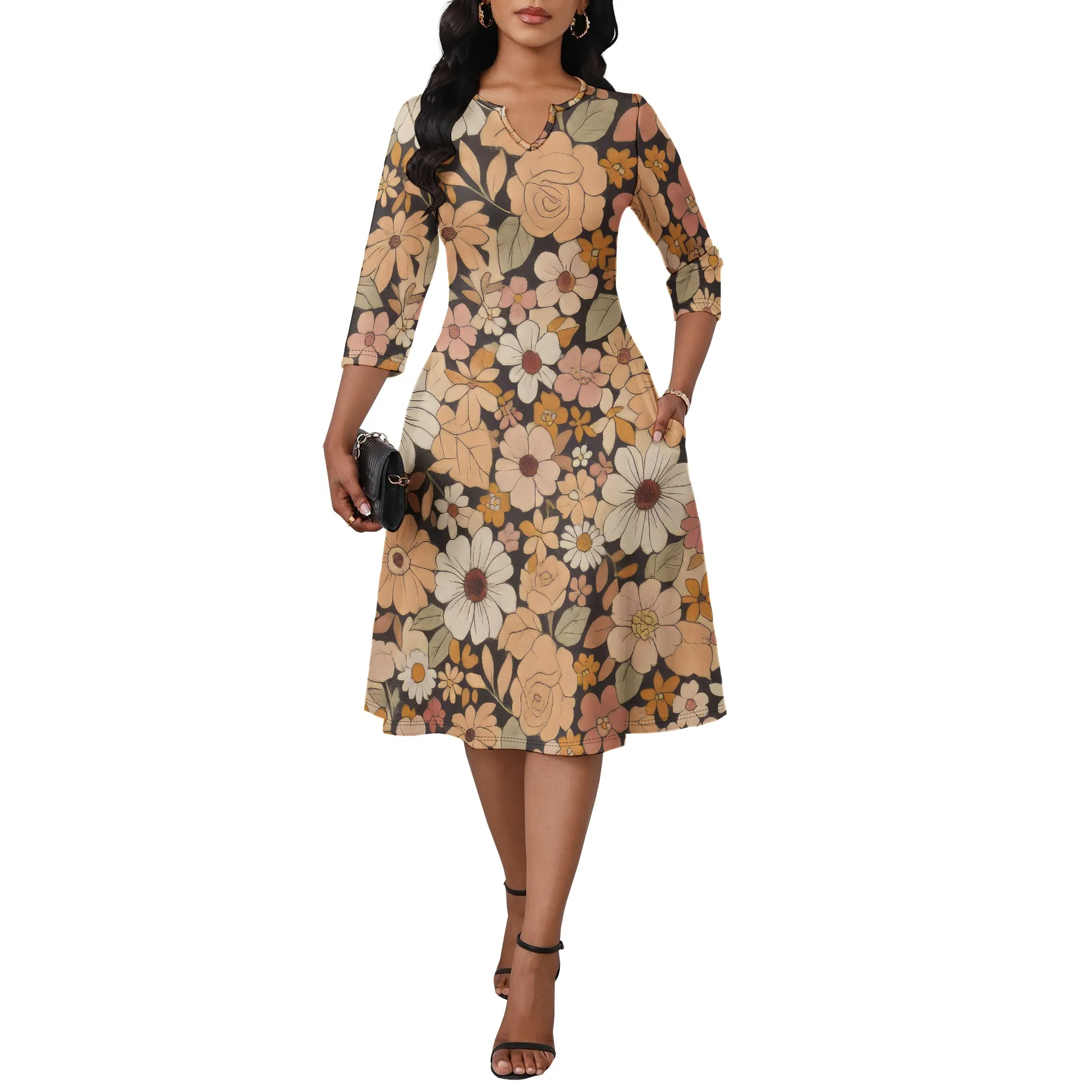Abito da donna elegante con maniche a 3/4 sexy a vita alta con scollo a V e volant, abito longuette da cocktail party a trapezio