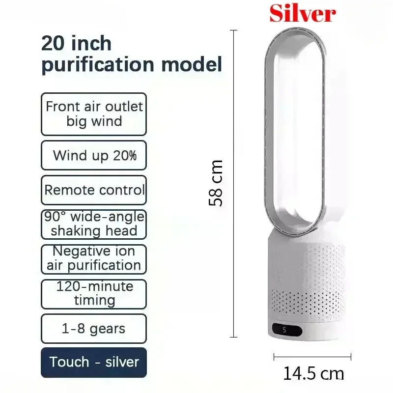 20 Inch Bladeless Tower Fan with Remote, 8 Speed Wind, 90° Oscillation, Negative Ion Purifier, 120 Min Timer, Touch Control image 3