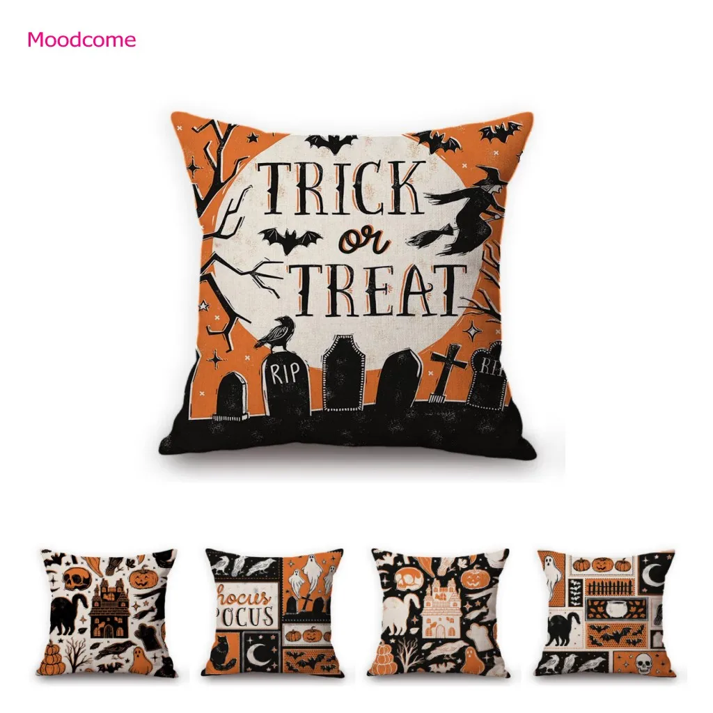 Spooky Witch Hocus Pocus Black Cat Wicked Crow Pattern Halloween Decoration Cartoon Art Sofa Pillow Case Linen Cushion Cover