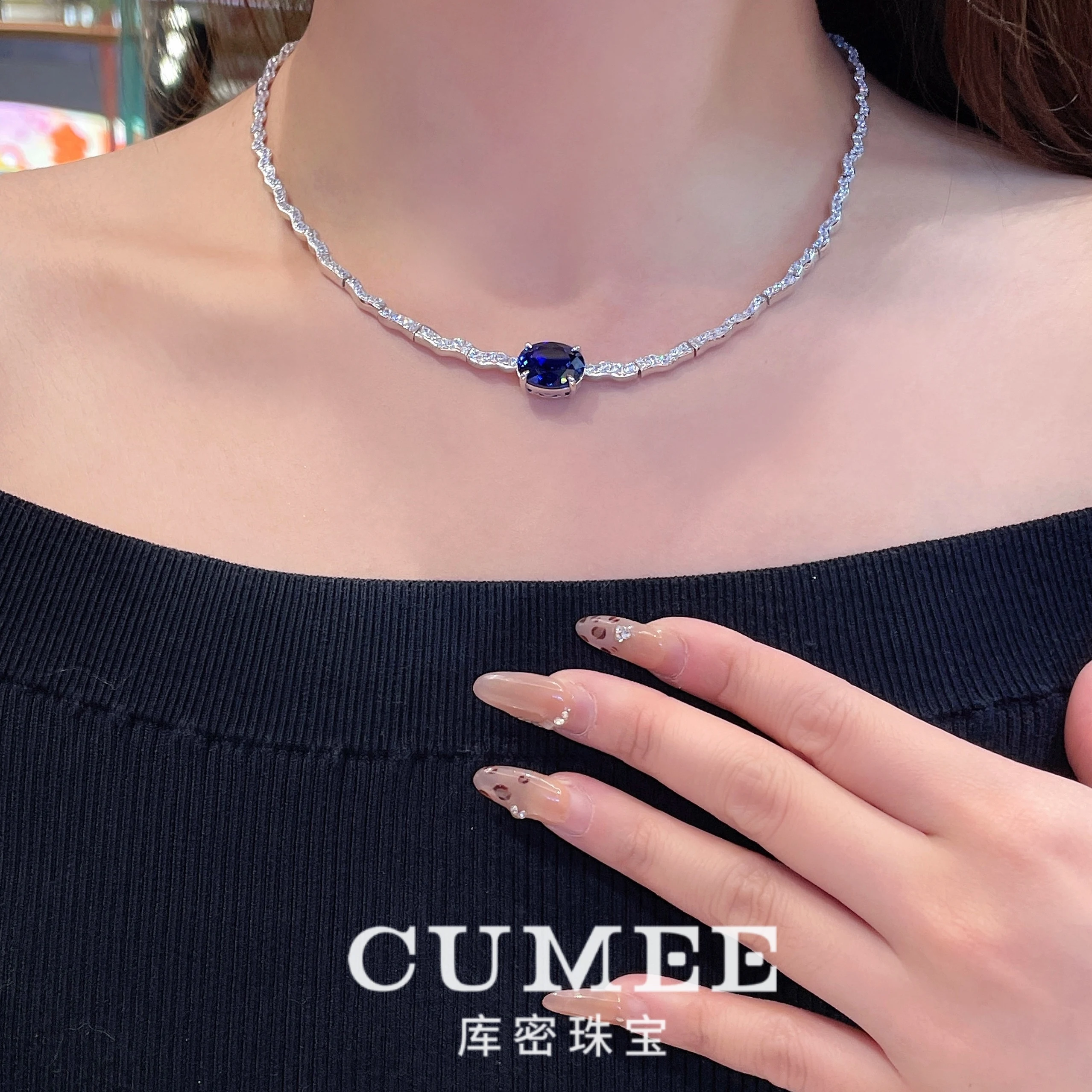 CUMEE Minimalist Luxury Wave Necklace with Royal Blue Cultured Synthetic Sapphire Necklace. 925 Silver Gold-plated