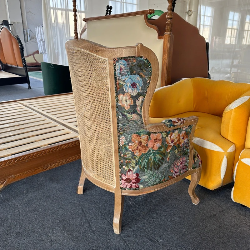 Retro Solid Wood Rattan Couch Single Flower Cloth Rattan French American Leisure Chair