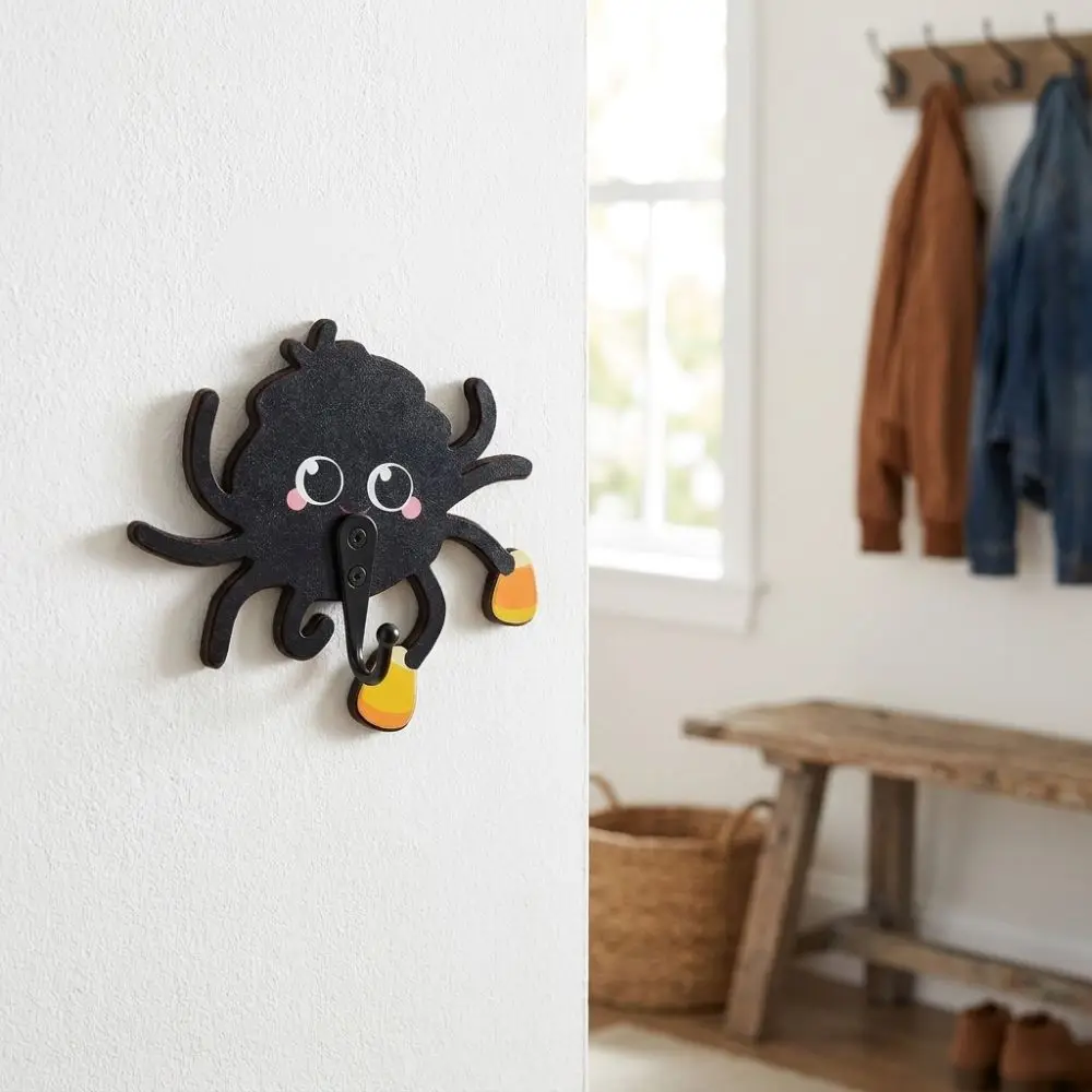 Wooden Halloween Cartoon Spider Hook Cute Gothic Style Keys Holder Wall Mounted No-Drill Bag Hat Hooks Entryway Organizer