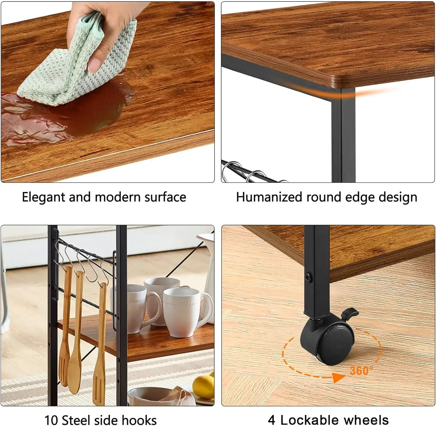 Microwave Cart 23.7'' for Small Space, 3-Tier Coffee Cart Rolling Kitchen Utility cart Microwave Stand on Wheels, Vintage