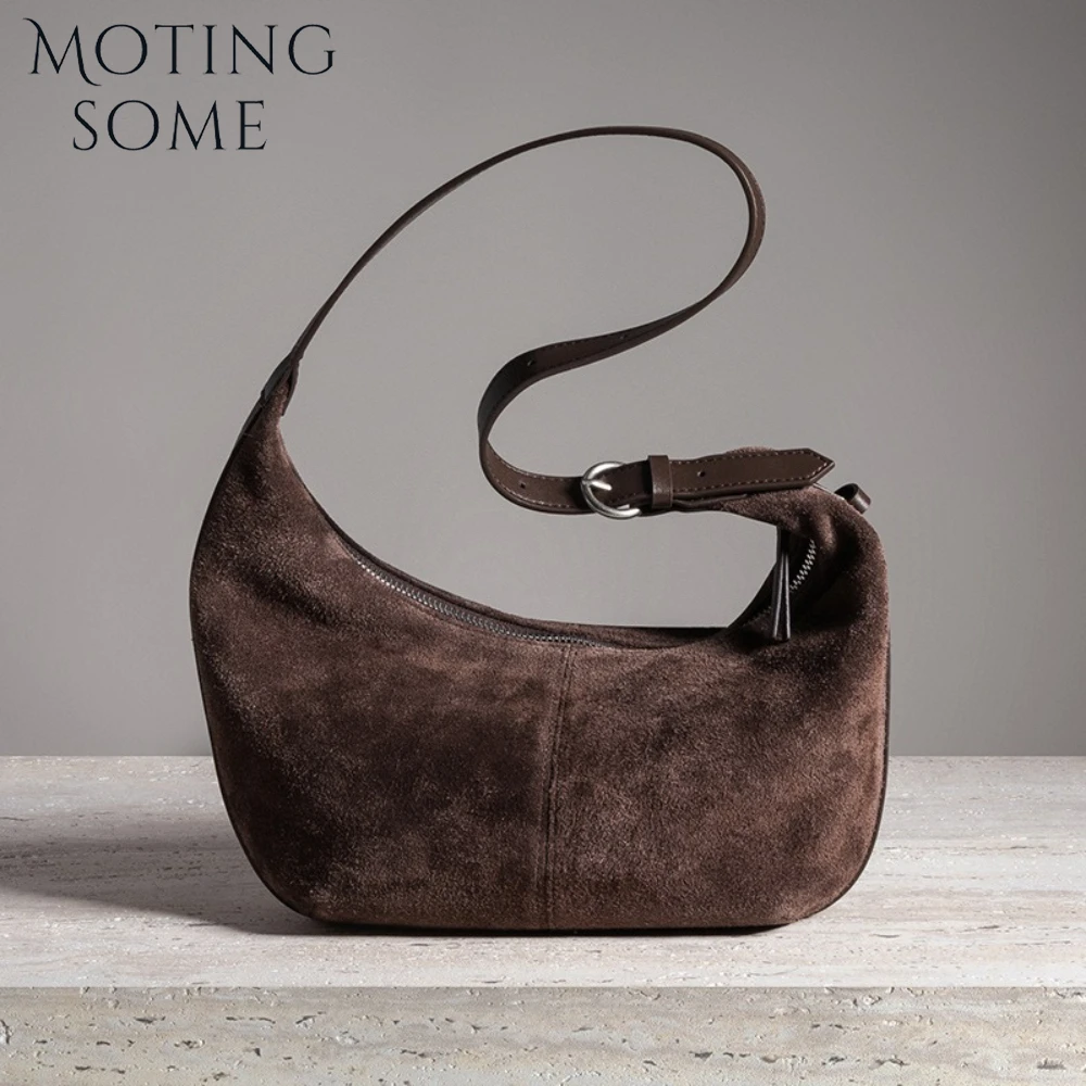 

Motingsome Shoulder Bag Suede Leather Women Winter Soft Purse Underarm Saddle Tote Luxury Matte Genuine Handbag New in Daily Bag