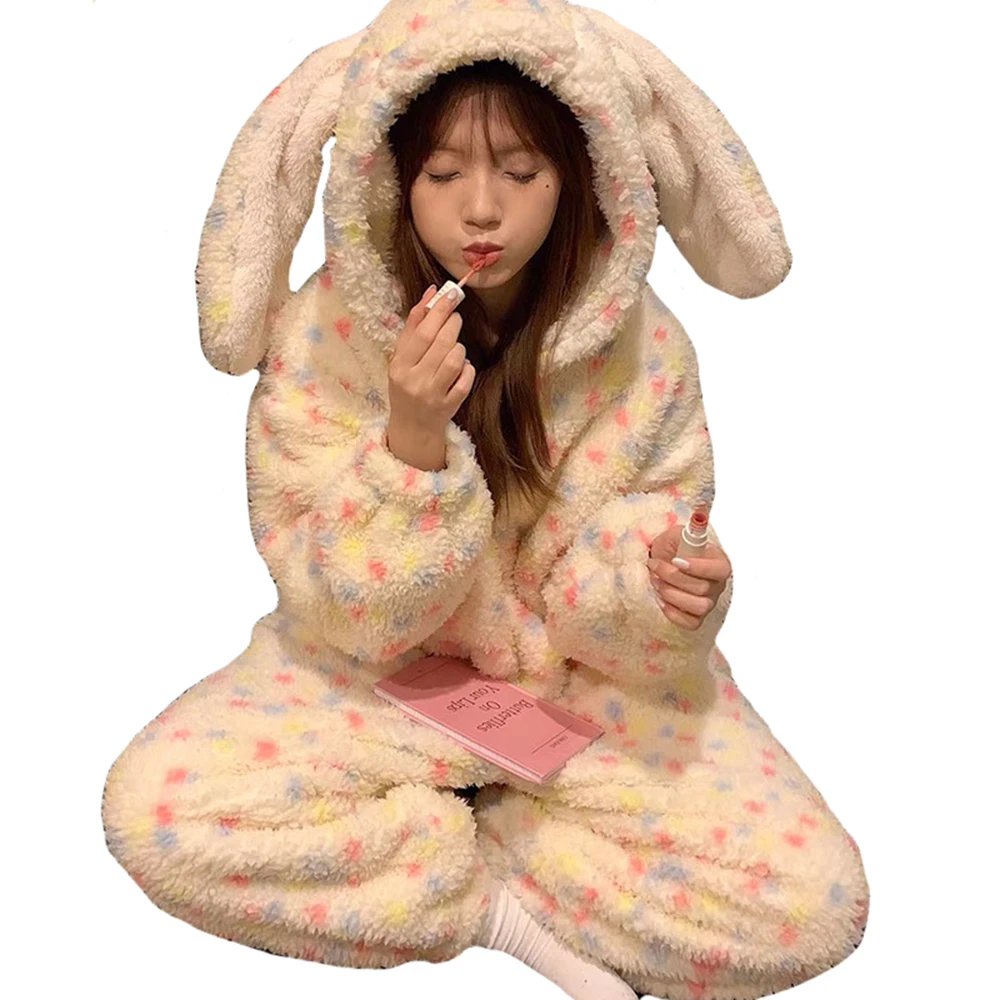 

Красочные цельные пижамы с капюшоном и длинными ушками в горошек, пушистые женские зимние флисовые плюшевые толстые комбинезоны, одежда для сна, фланелевые комбинезоны