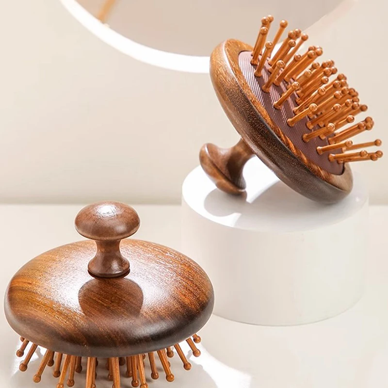 Round Sandalwood Airbag Hair Comb Scalp Relax Meridian Point Acupuncture Massager Anti-static Styling Tools