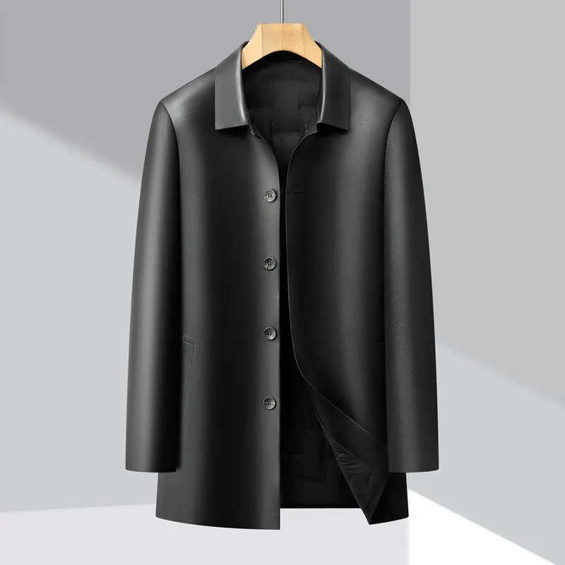 

Новая зимняя мужская кожаная куртка с воротником, пуховик для мужчин среднего возраста, белая, на пуху, для отцов, средней длины, верхняя одежда