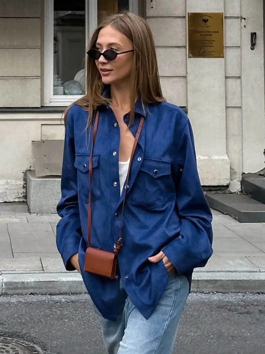 Vintage Klein Blue Collar Jacket 2025 Autumn/Winter Versatile Casual Loose Medium to Long Coat European and American Women Wear