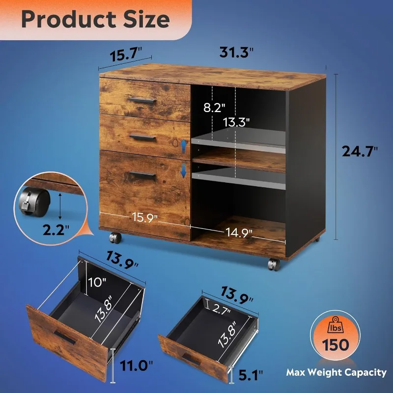 Armário de arquivo móvel de 3 gavetas, armário de arquivo lateral de madeira, suporte de impressora com prateleiras abertas para escritório doméstico, marrom rústico