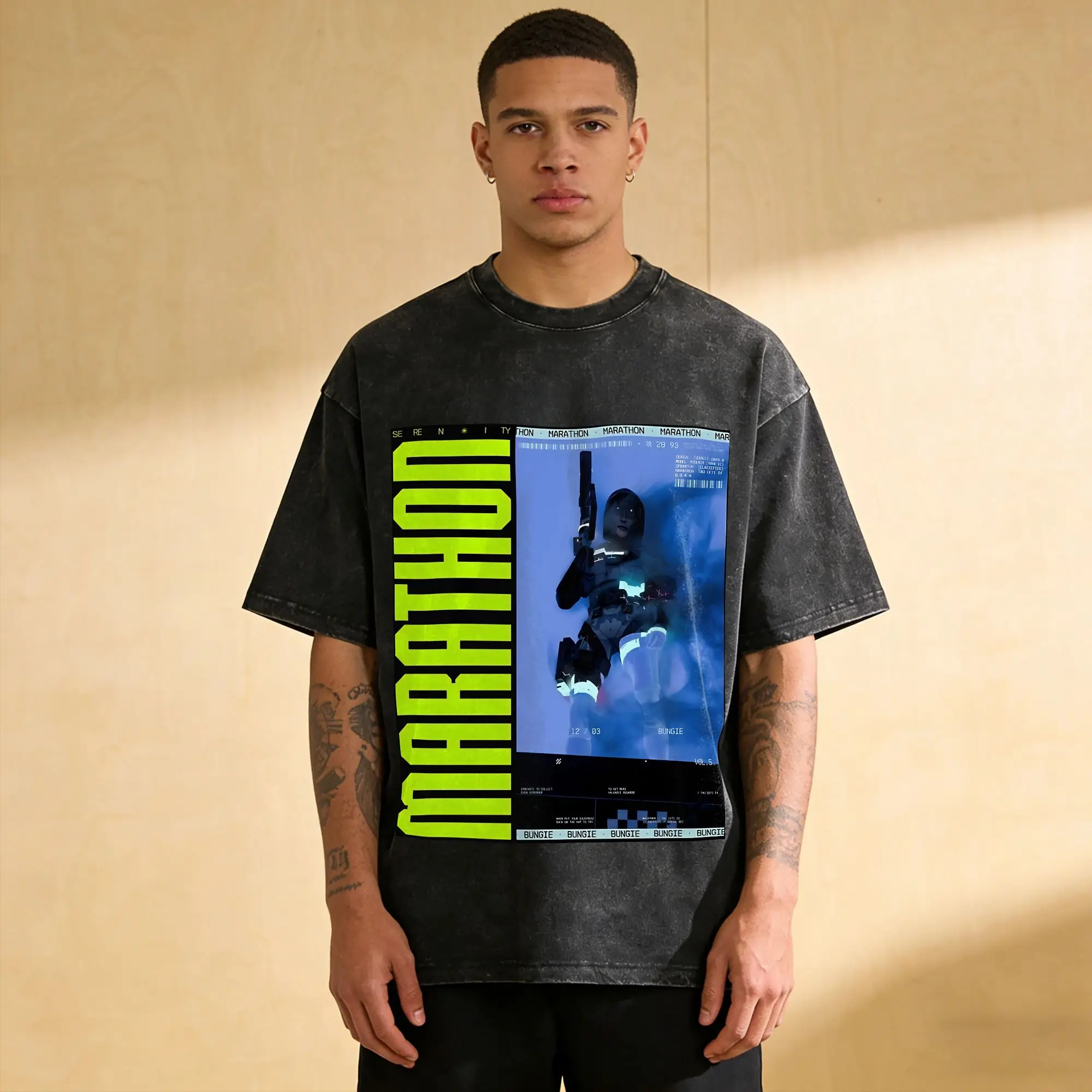 Priting Marathon Game  Sci-Fi Gaming Vintage Washed T-Shirt Men's Crewneck Short Sleeve Clothes  Cotton Summer TopsTops