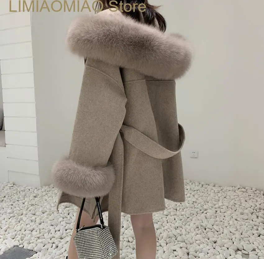 

New Luxury famous Real Cashmere wool blends Coat Women winter women's cold coat With Natural Fox Fur collar abrigos mujer