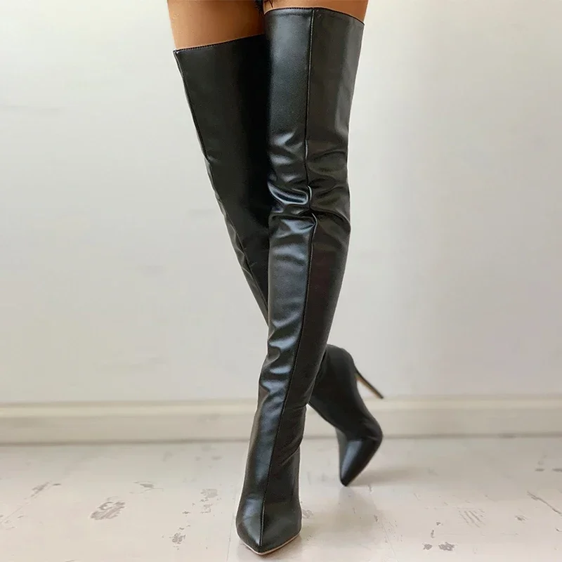 Black Sexy Over The Knee Boots Women High Heels Shoes Ladies Thigh High Boots Spring Leather Long Boots Female Shoe  Botas Mujer