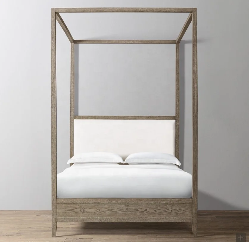 Luxury Modern French Contemporary Canopy Bed with Brushed Grey Oak Finish Solid Wood Upholstered Bed