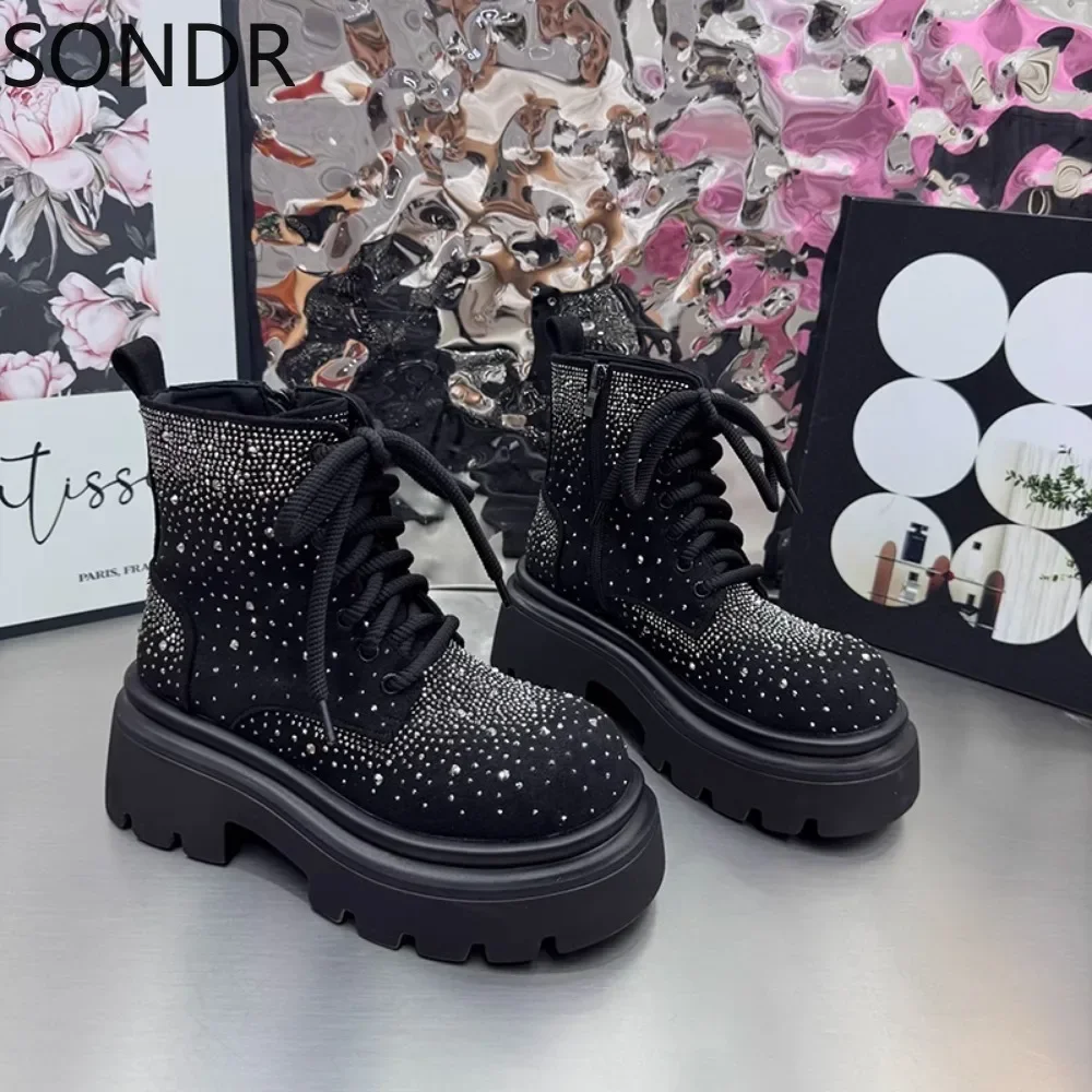 Womens Genuine Leather Leopard Rhinestones Ankle Boots Bling Crystal Lace Up Platform Chunky High Heel Shoes Retro Ne w2024