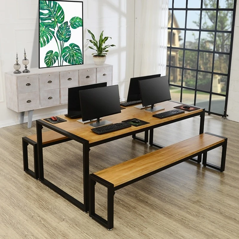 Industrial style wrought iron desk, simple multi-person computer desk solid wood desk and chair combination